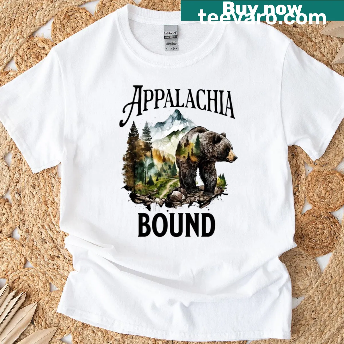 Illustration of a bear in the mountains on a country-themed t-shirt — on a men's t-shirt