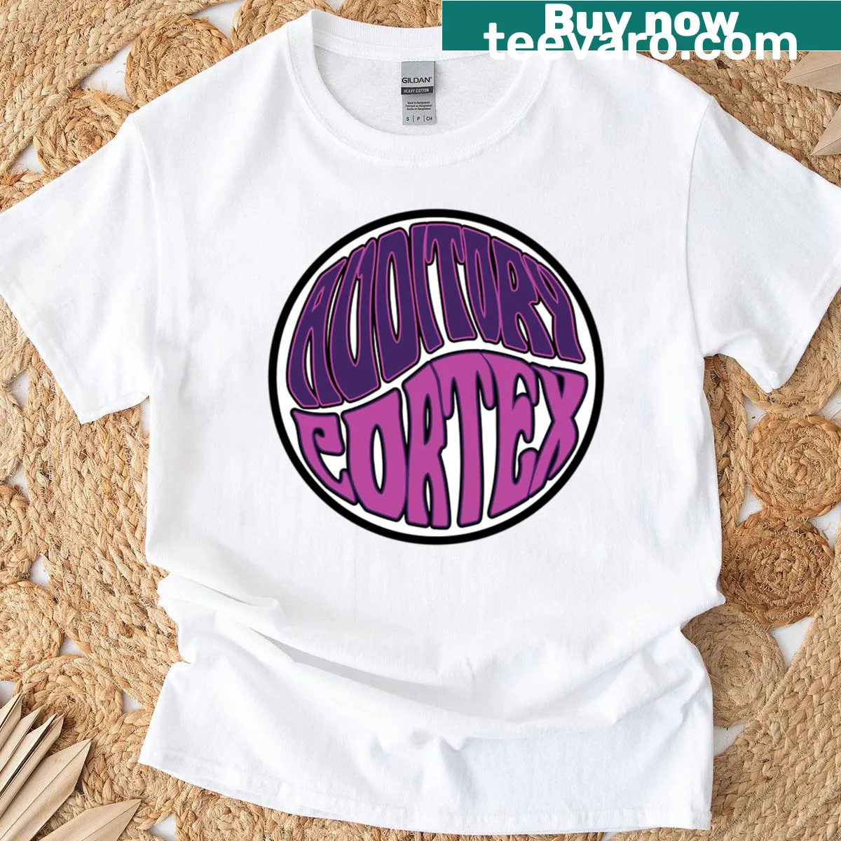 Minimalist auditory cortex logo graphic on a t-shirt — on a men's t-shirt