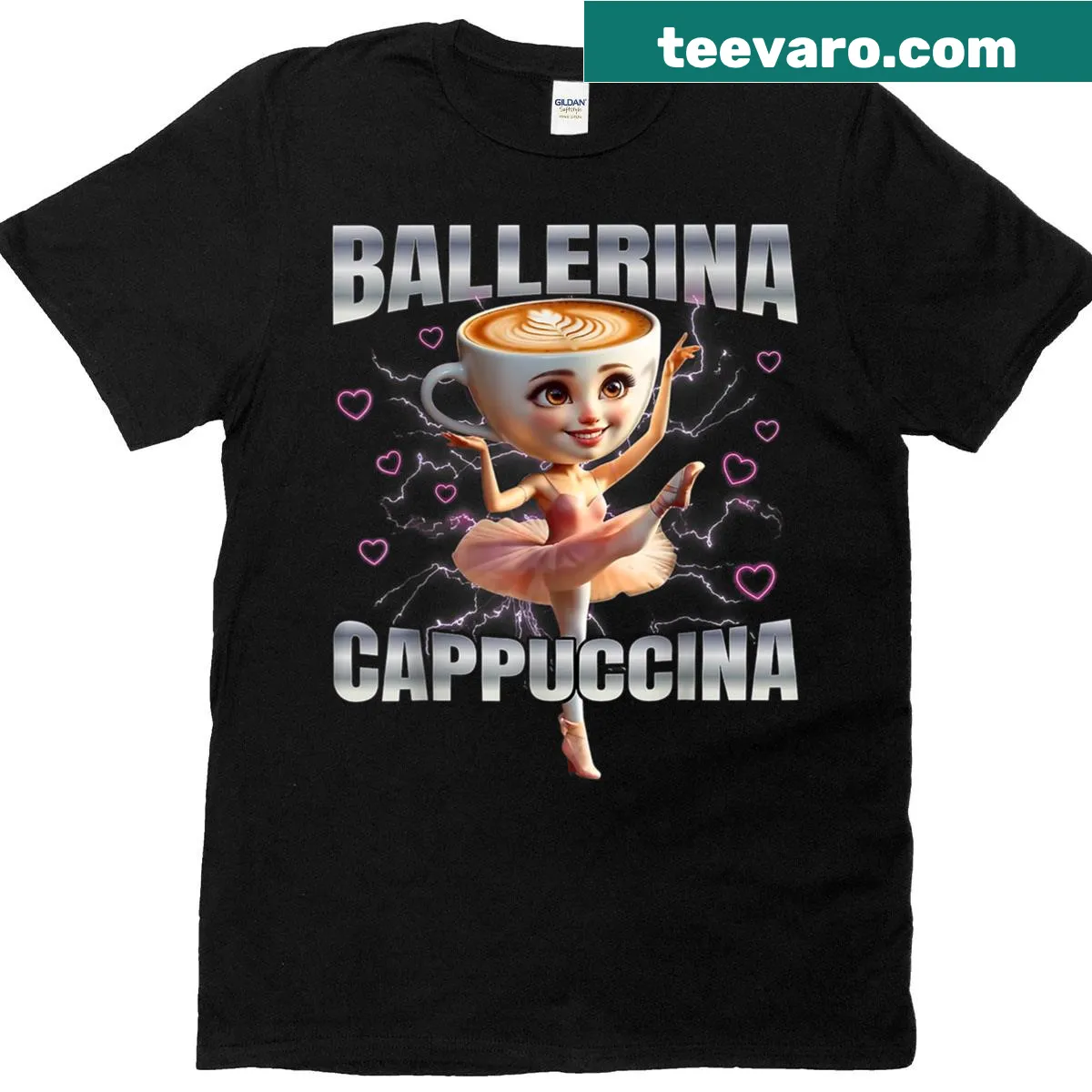 Funny T-shirt with ballerina cartoon and 'Cappuccina' text — on a men's t-shirt