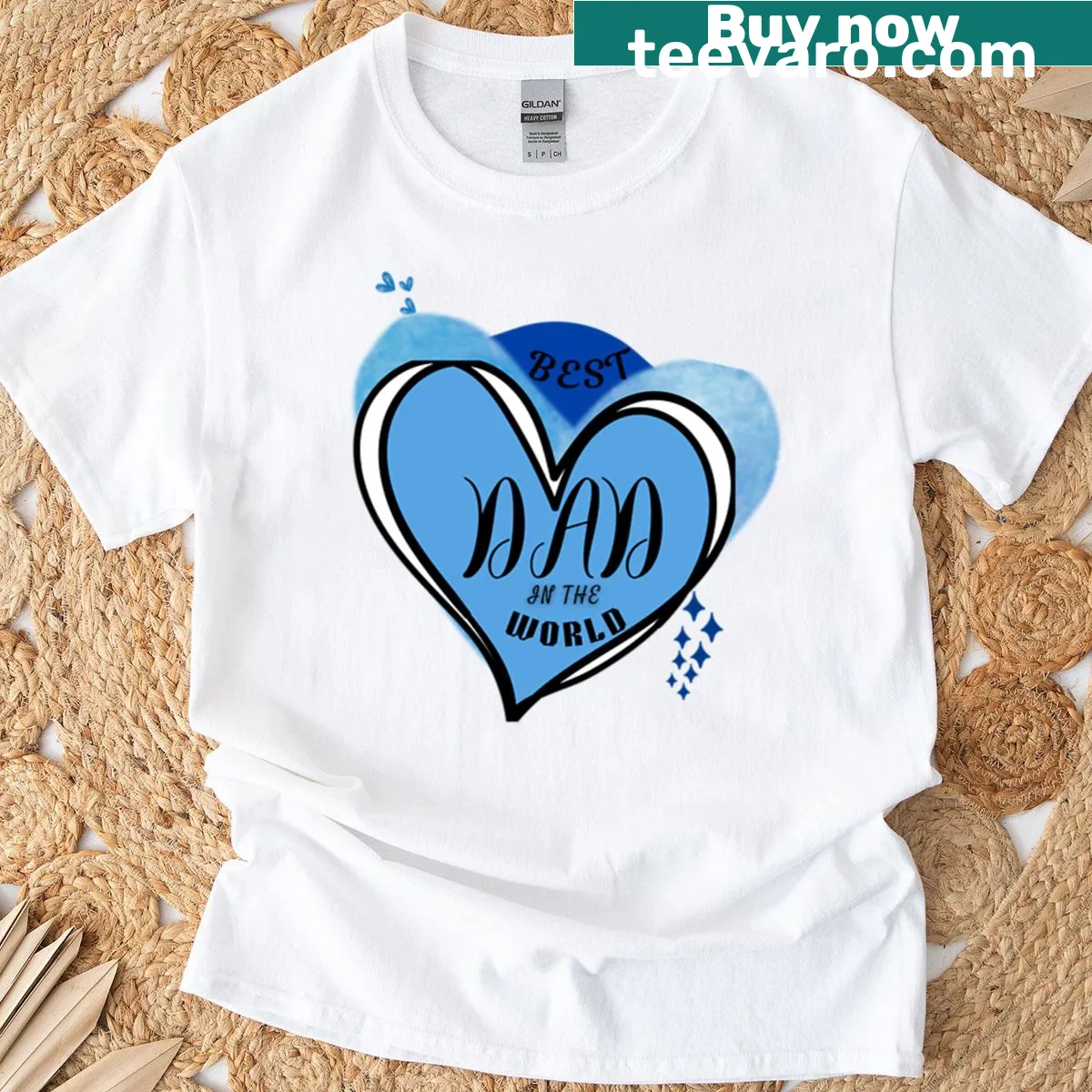 Beautifully designed Best Dad T-shirt with blue hearts — on a men's t-shirt