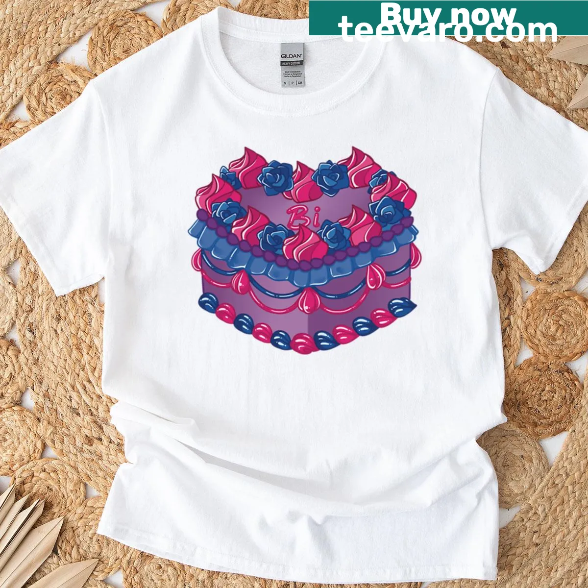 Whimsical bi pride cake graphic on a t-shirt — on a men's t-shirt