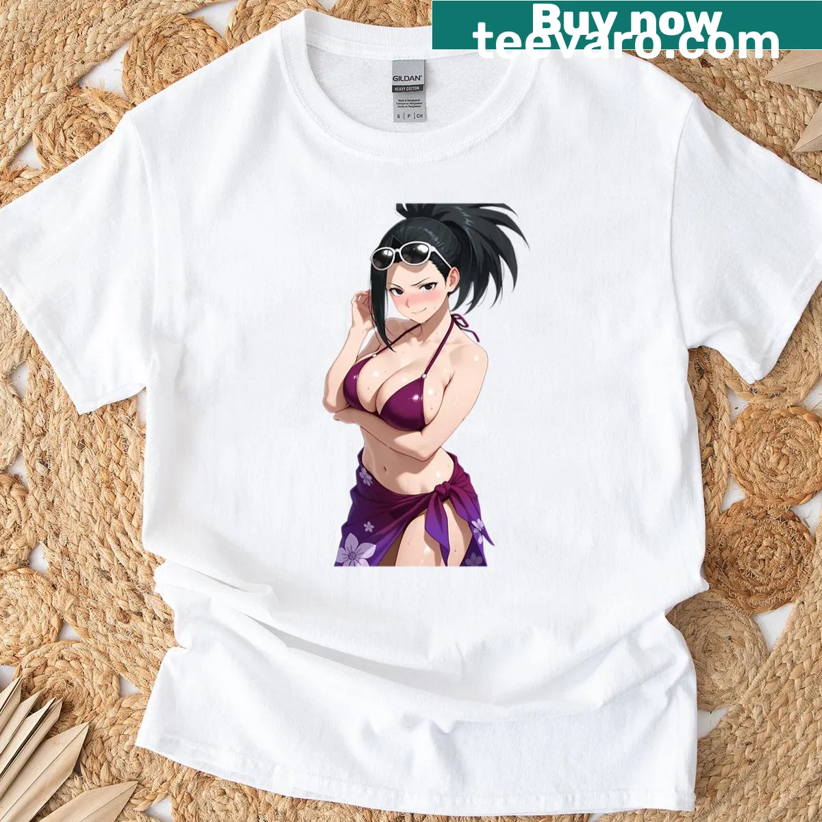 Anime-inspired Momo graphic in a bikini on a t-shirt — on a men's t-shirt