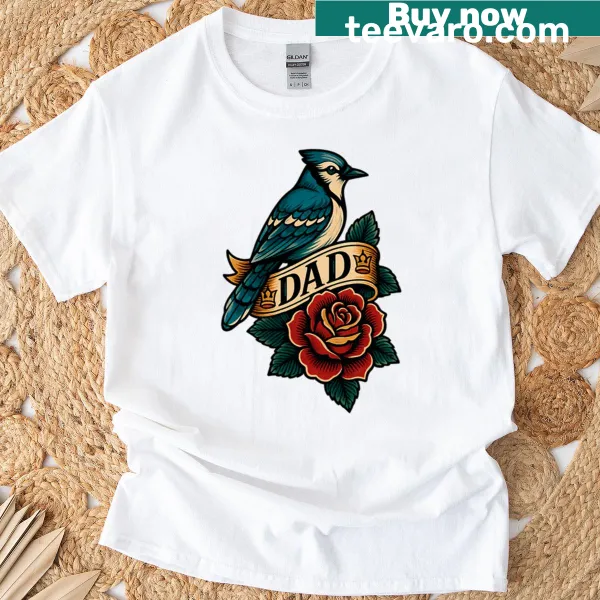 T-shirt with Blue Jay and Rose tattoo art design, symbolizing family and nature.