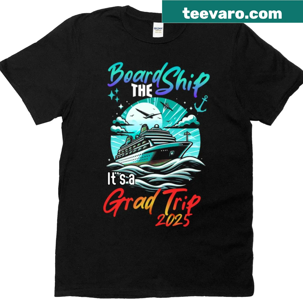 Cartoon graduation cruise party T-shirt with ship graphic — on a men's t-shirt