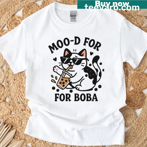 Cartoon T-shirt featuring a cute cow cat and boba milk tea design.