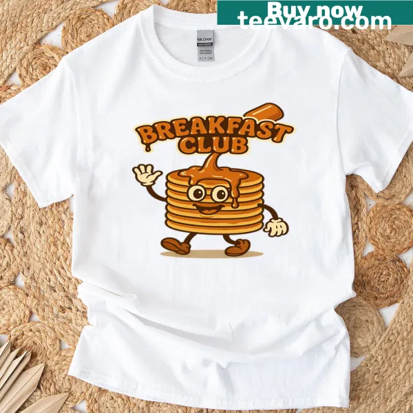 T-shirt with a playful breakfast graphic reading 'Breakfast Club Stack Attack'