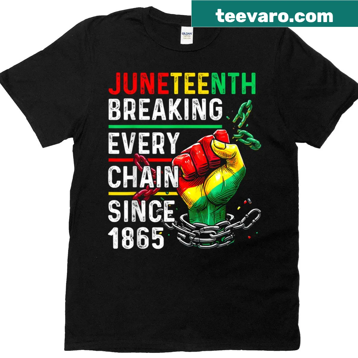 Inspirational Juneteenth T-shirt with Breaking Every Chain Since 1865 text — on a men's t-shirt