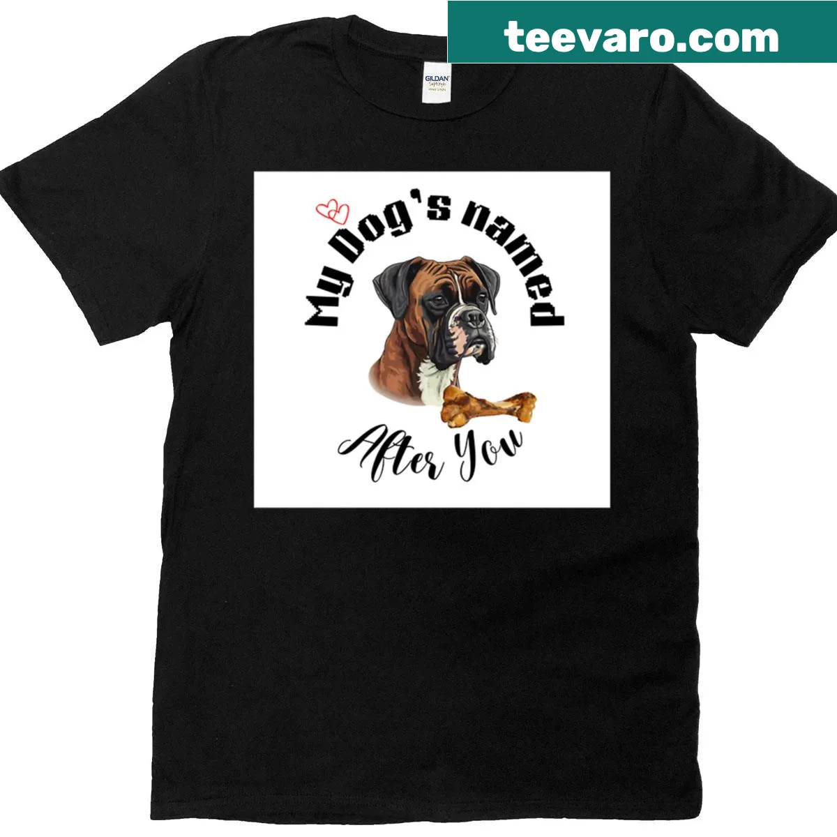 Illustration of a brown and white dog with a heart and quote — on a men's t-shirt