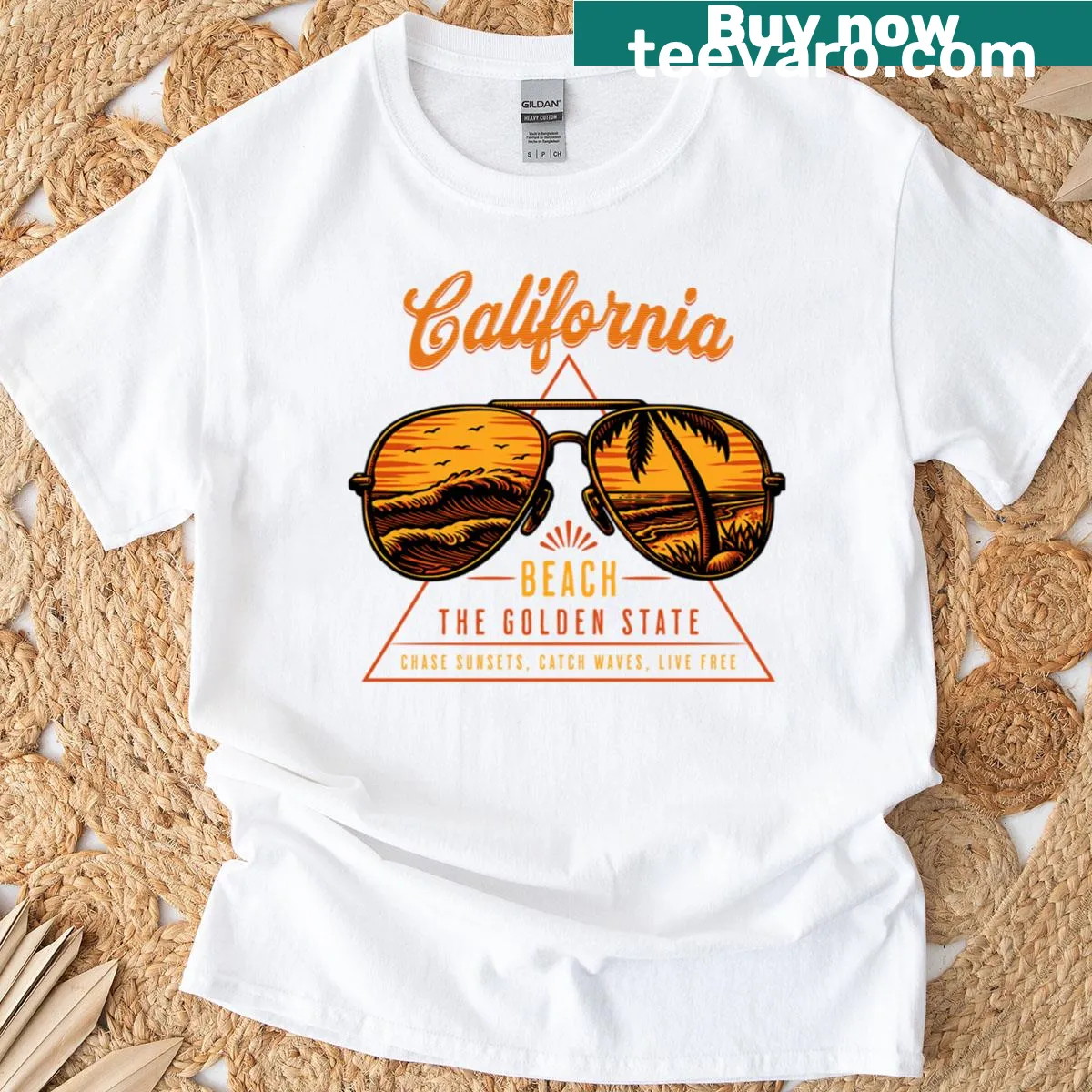 Beach-themed T-shirt featuring sunglasses and palm trees — on a men's t-shirt