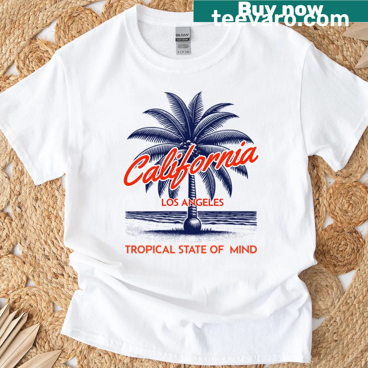 California Beach T-shirt with tropical design and playful text — on a men's t-shirt