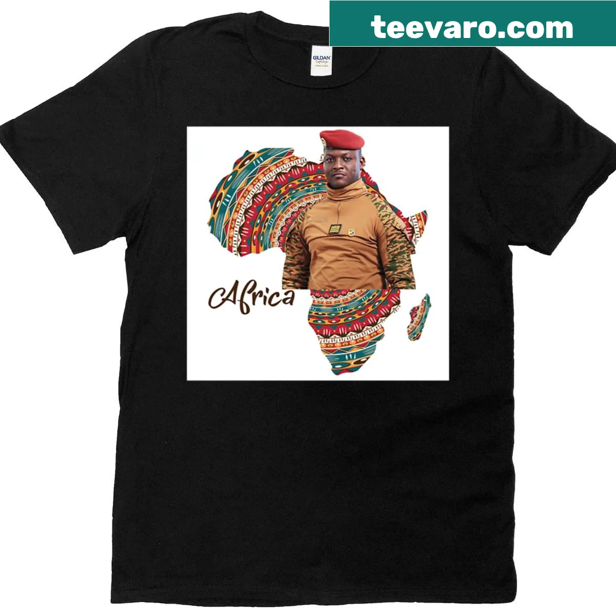 Illustration of Captain Ibrahim Traore with a map of Africa on a t-shirt — on a men's t-shirt