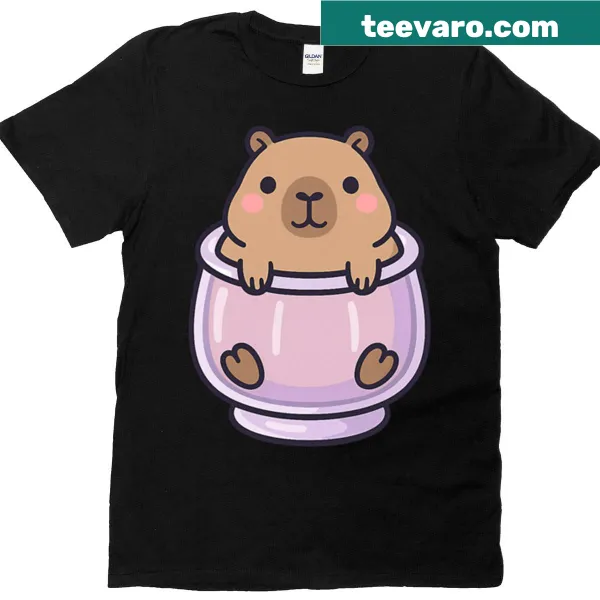 Cute capybara with jelly cup in pastel colors on a T-shirt