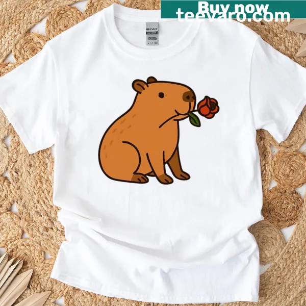 Cute capybara illustration with a rose on a t-shirt
