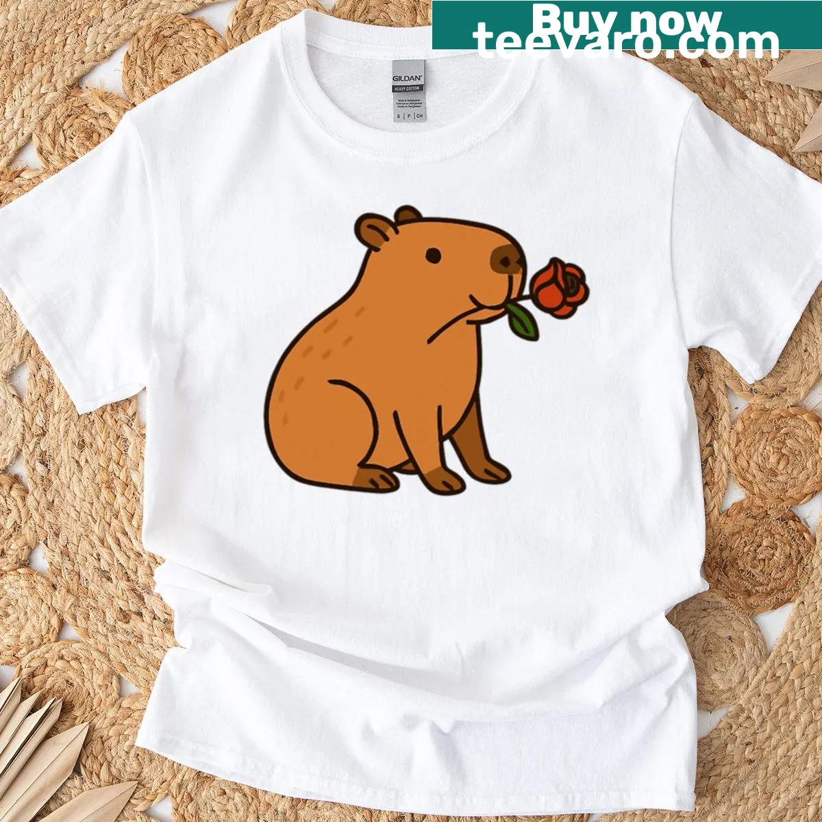 Cute capybara illustration with a rose on a t-shirt — on a men's t-shirt