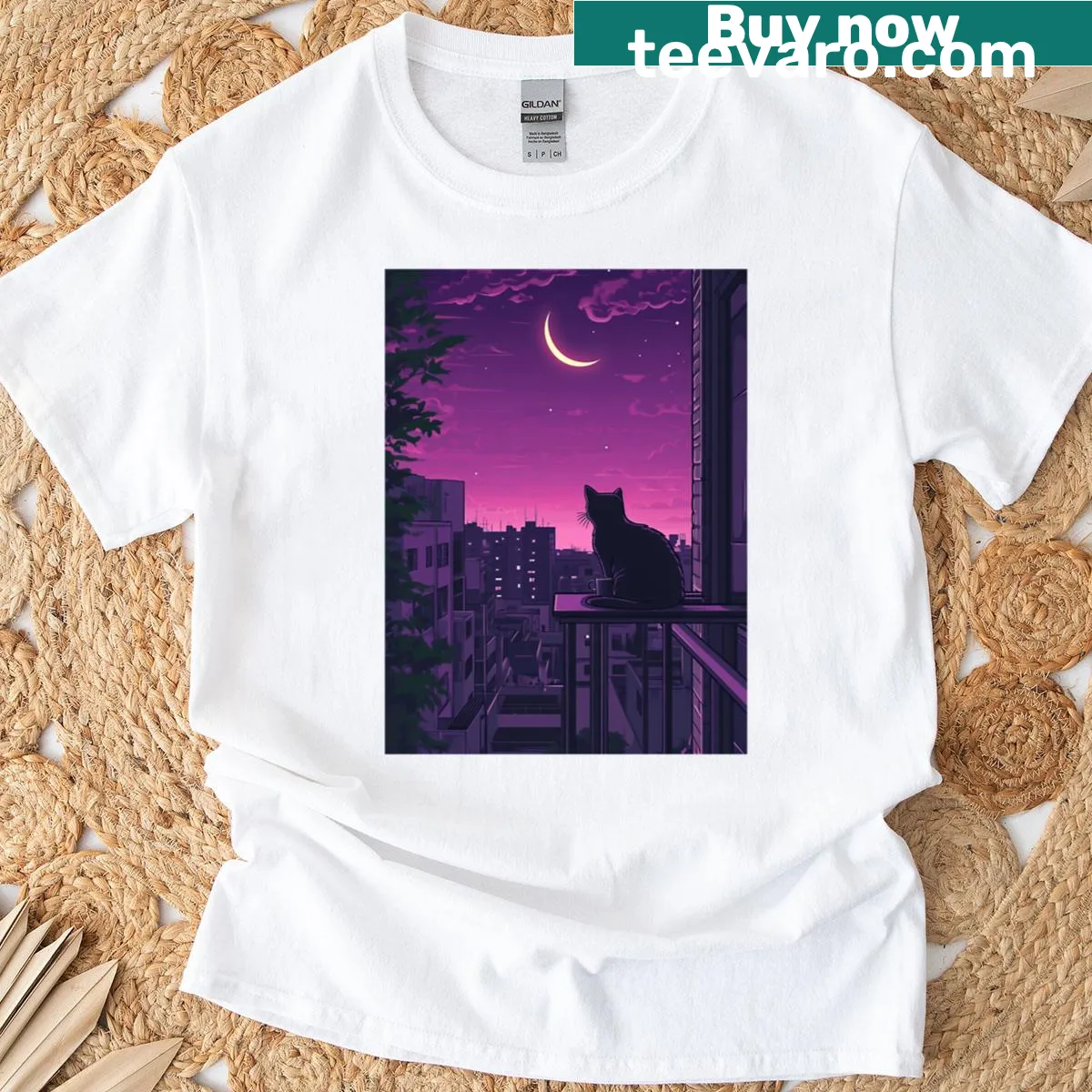 T-shirt featuring a cat sitting on a windowsill — on a men's t-shirt