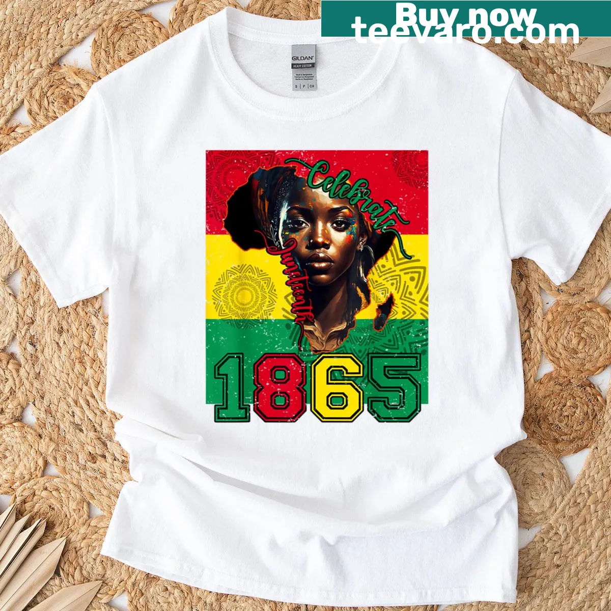 T-shirt celebrating Juneteenth 1865 with thoughtful illustrations — on a men's t-shirt