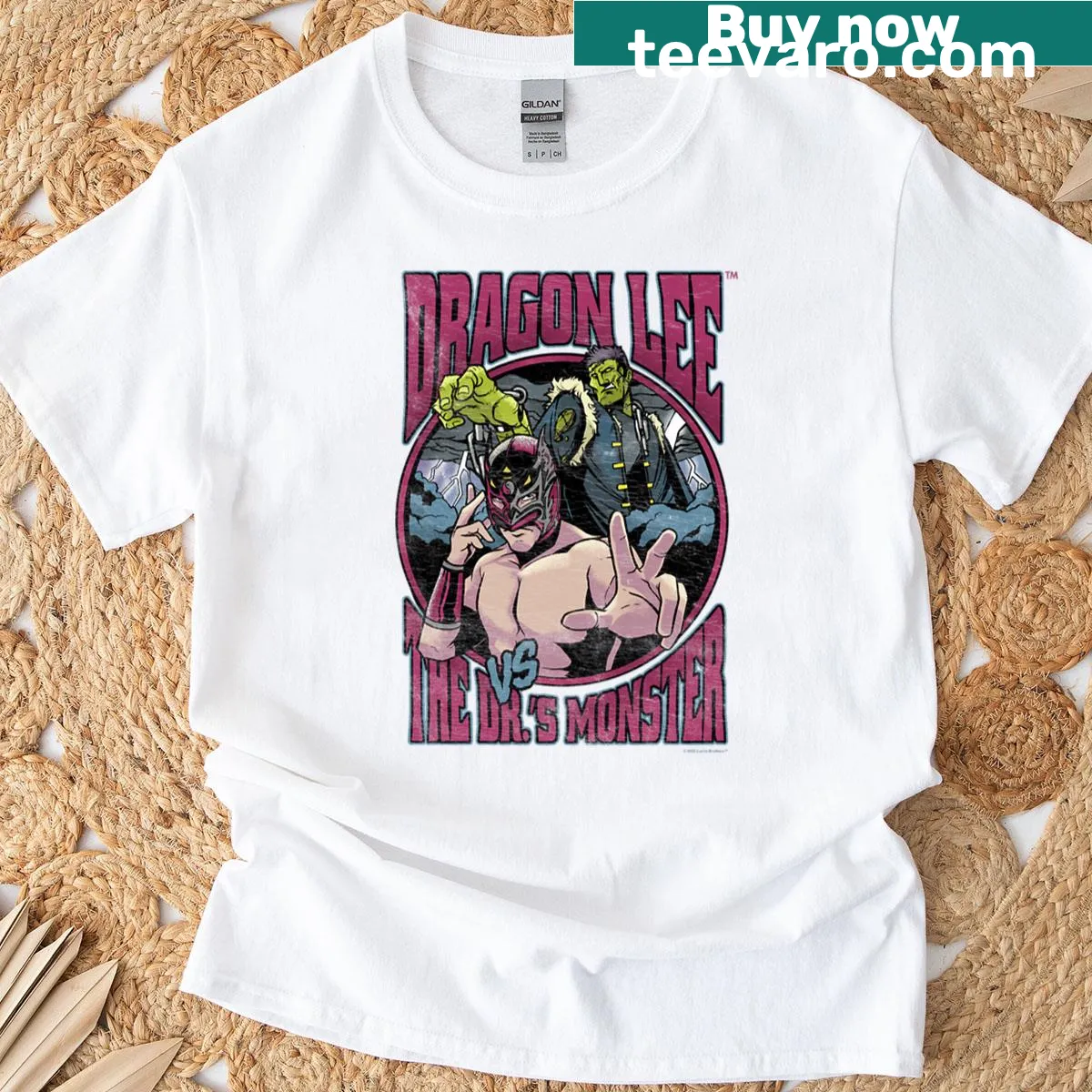Illustration of a dragon battling a monster in a playful design — on a men's t-shirt