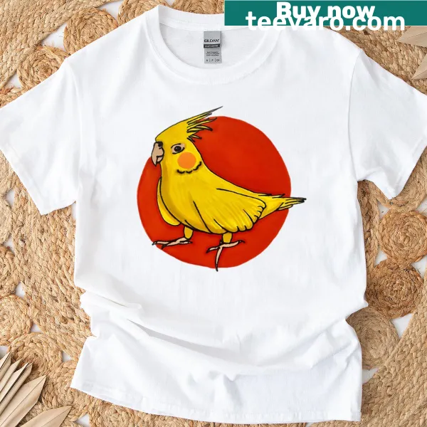 Illustration of a playful cockatiel on a t-shirt