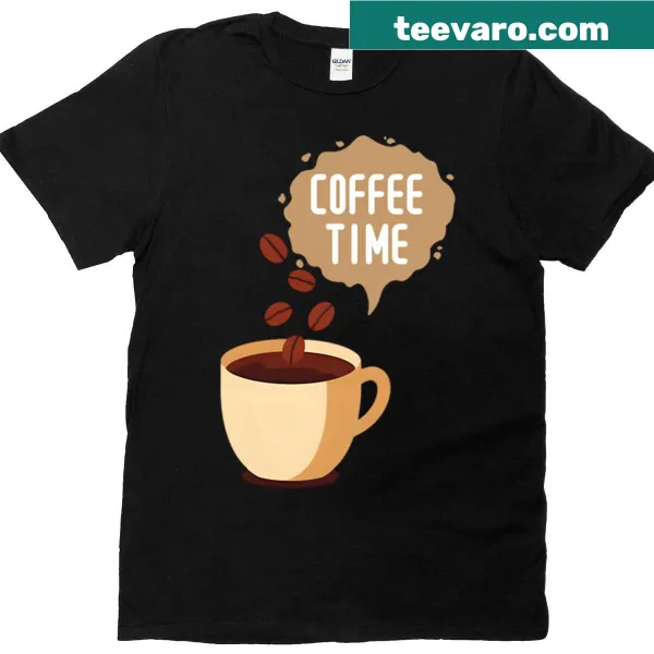 Hand-lettered graphic celebrating coffee time on a T-shirt.