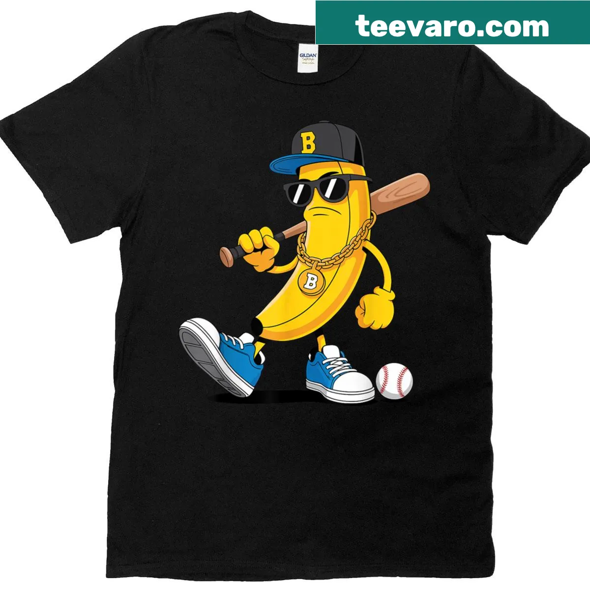 Cartoon T-shirt featuring a banana in sunglasses playing baseball — on a men's t-shirt