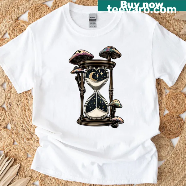 Hourglass graphic filled with cosmic imagery