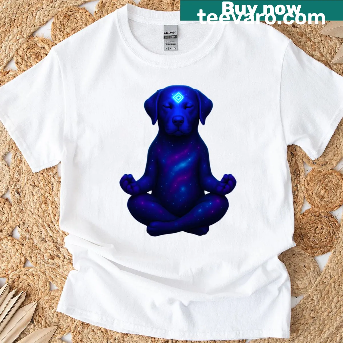 Meditating dog with third eye t-shirt — on a men's t-shirt