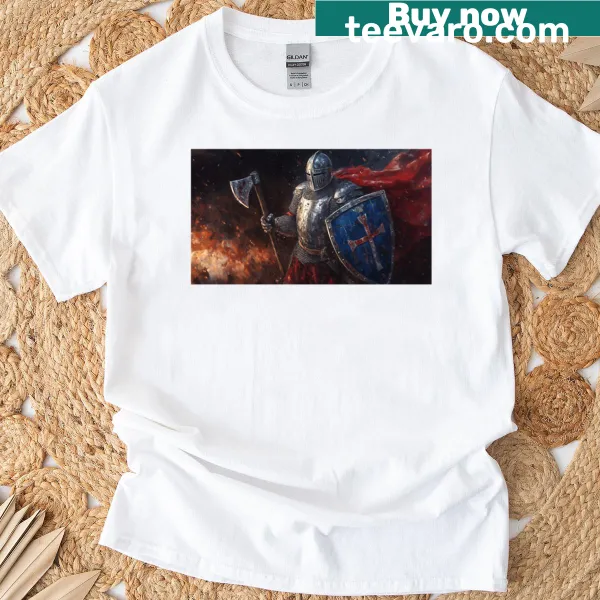 Bold illustration of a crusader knight on t-shirt