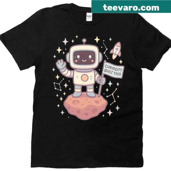 Kawaii space explorer bot graphic on a cheerful T-shirt.