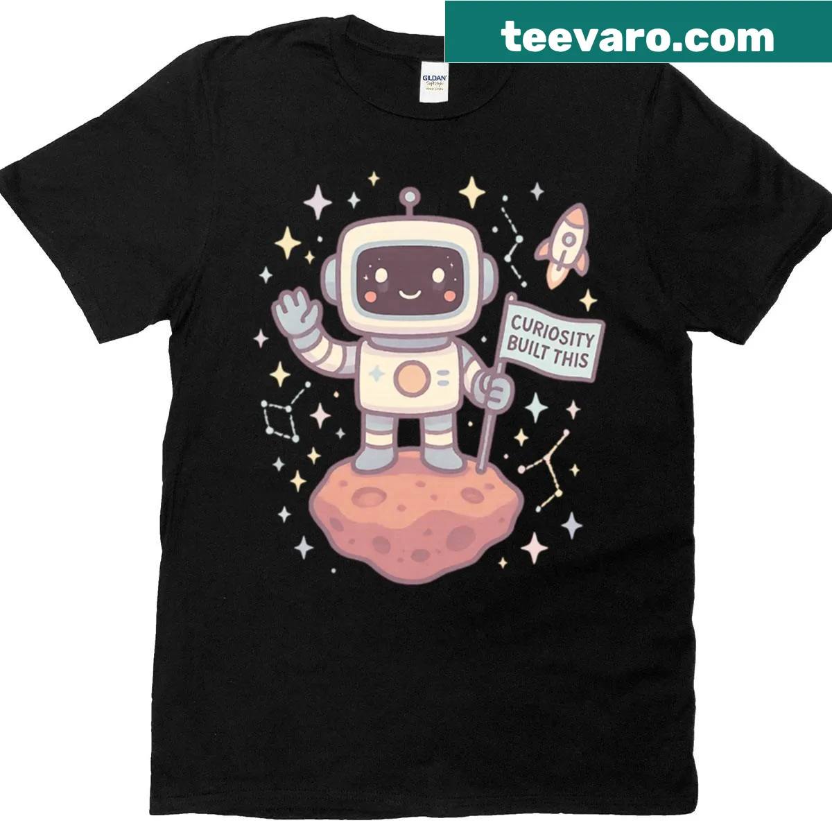 Kawaii space explorer bot graphic on a cheerful T-shirt. — on a men's t-shirt