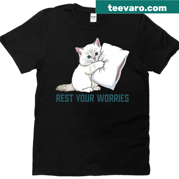 Cute cat hugging a pillow design printed on a T-shirt.