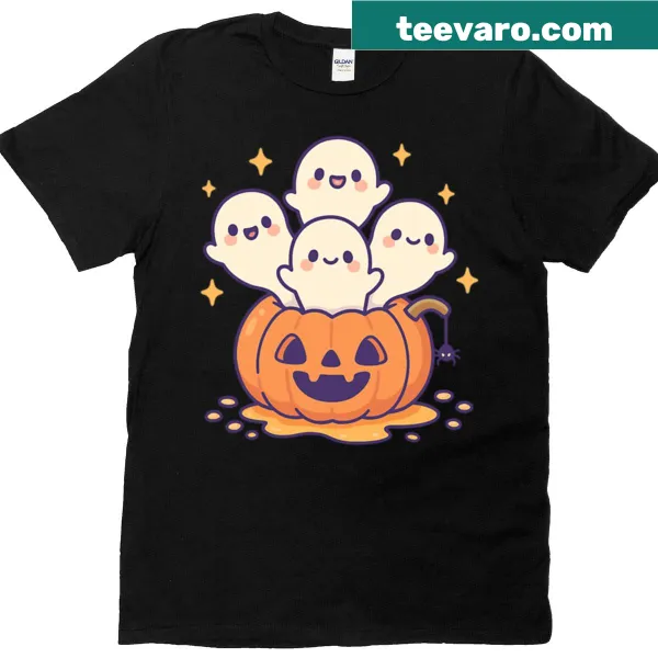 Kawaii Halloween ghosts and pumpkins graphic on a T-shirt.