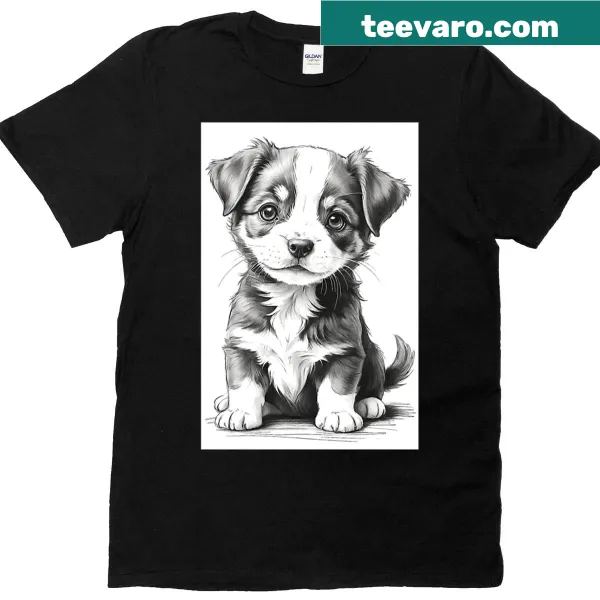 Cartoon black and white puppy design on a t-shirt