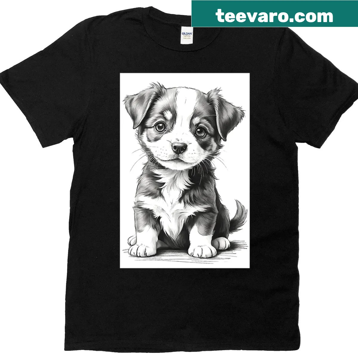 Cartoon black and white puppy design on a t-shirt — on a men's t-shirt