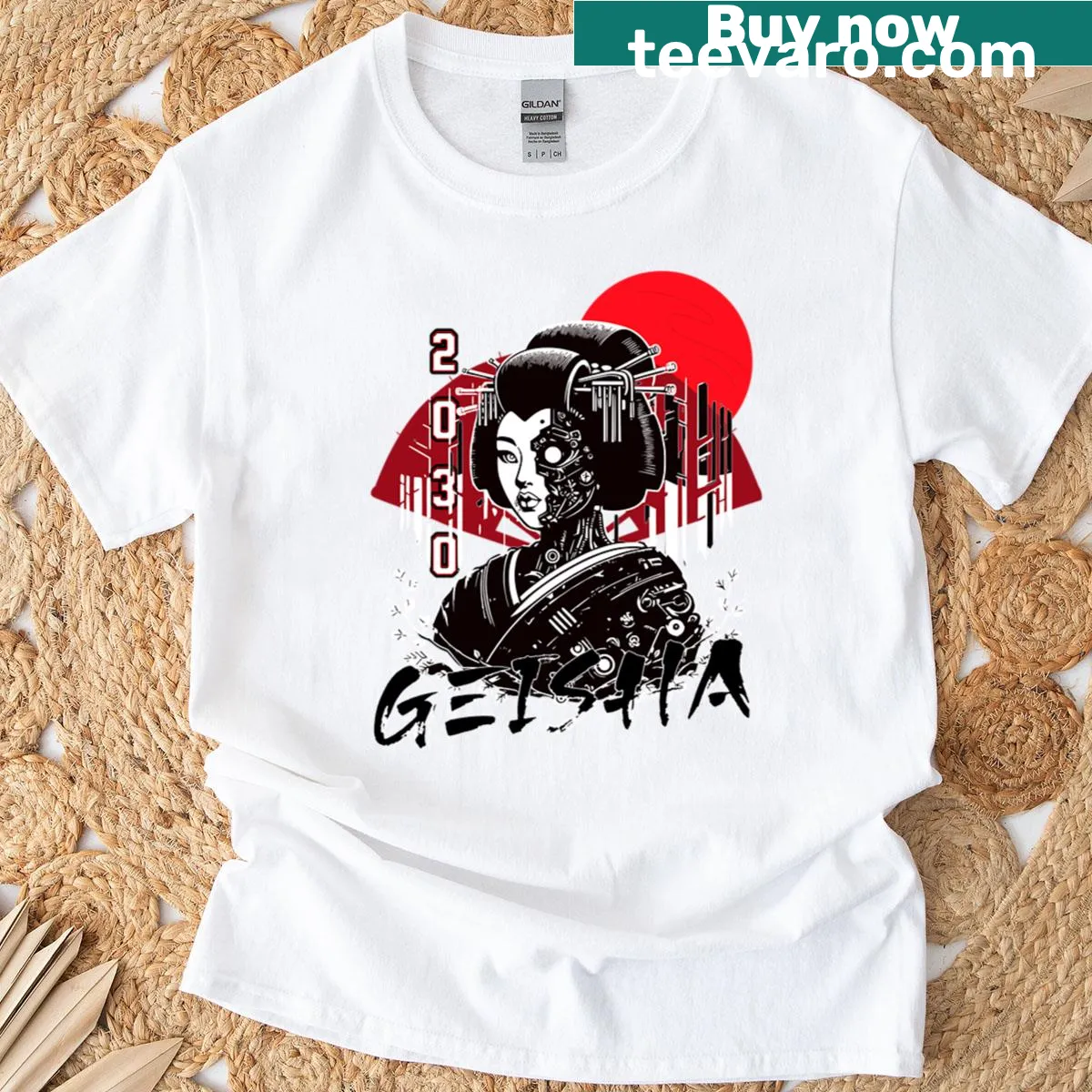 Futuristic geisha art in cyberpunk style on a t-shirt — on a men's t-shirt