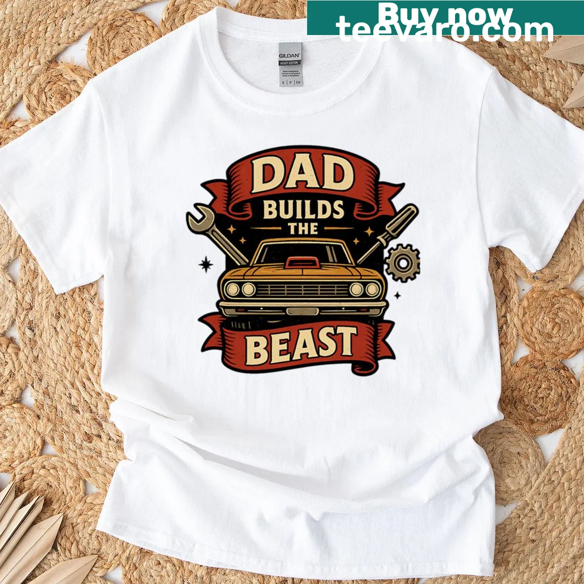 Vintage muscle car graphic with text about dad's craftsmanship — on a men's t-shirt