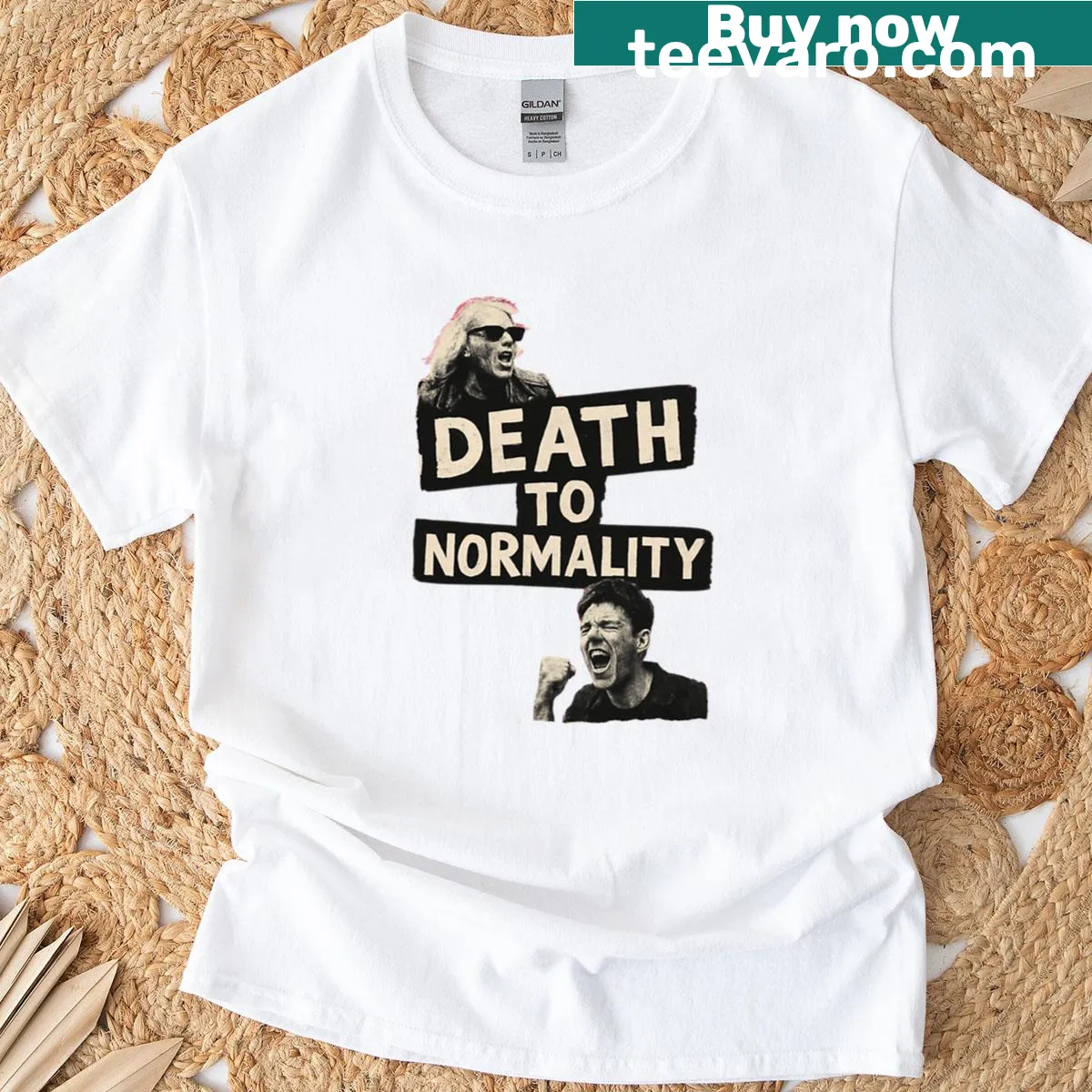 Edgy t-shirt with bold text saying Death to Normality — on a men's t-shirt