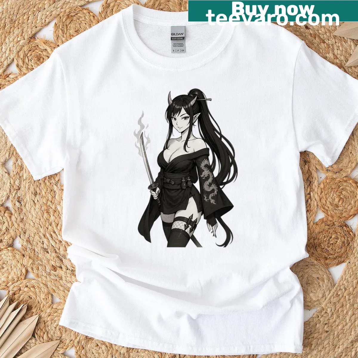 Demon samurai girl with katana T-shirt design — on a men's t-shirt
