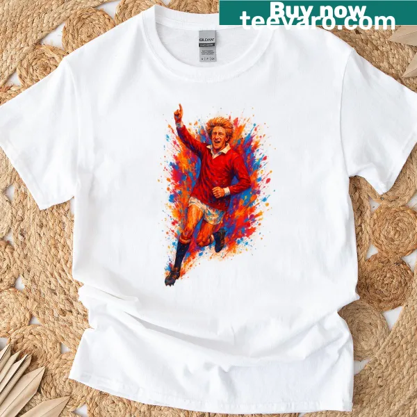 Illustration of Denis Law in splash art style on a T-shirt