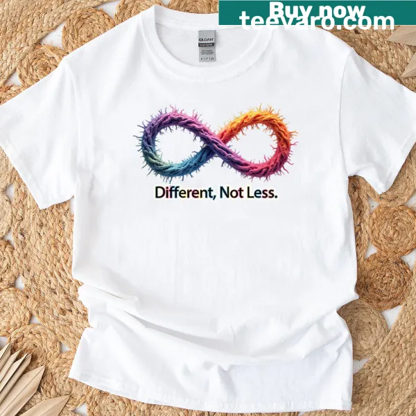 T-shirt featuring the phrase 'Different Not Less' in bold typography