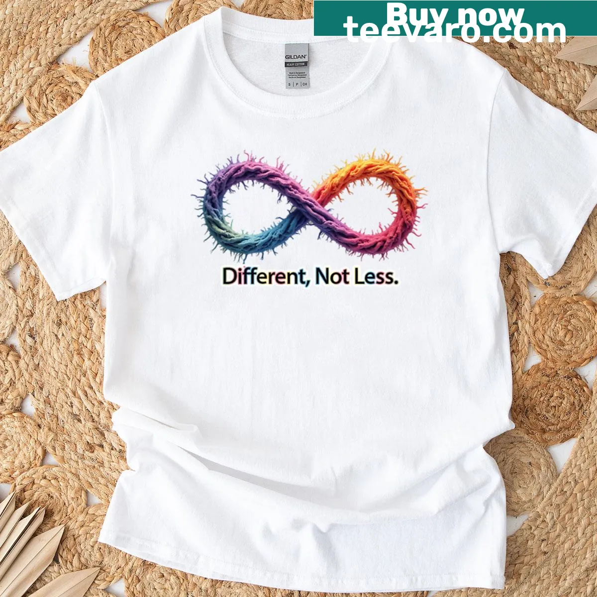 T-shirt featuring the phrase 'Different Not Less' in bold typography — on a men's t-shirt