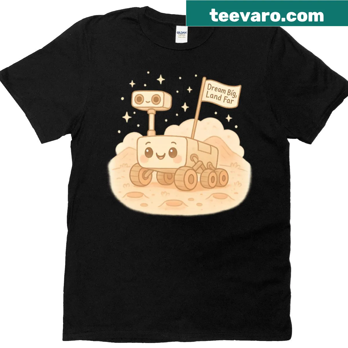 Kawaii Mars rover adventure T-shirt with playful space exploration theme — on a men's t-shirt