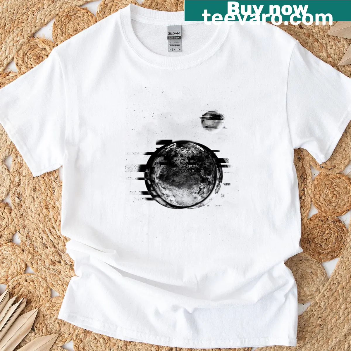 Retro Earth stamp print t-shirt with a glitch effect — on a men's t-shirt