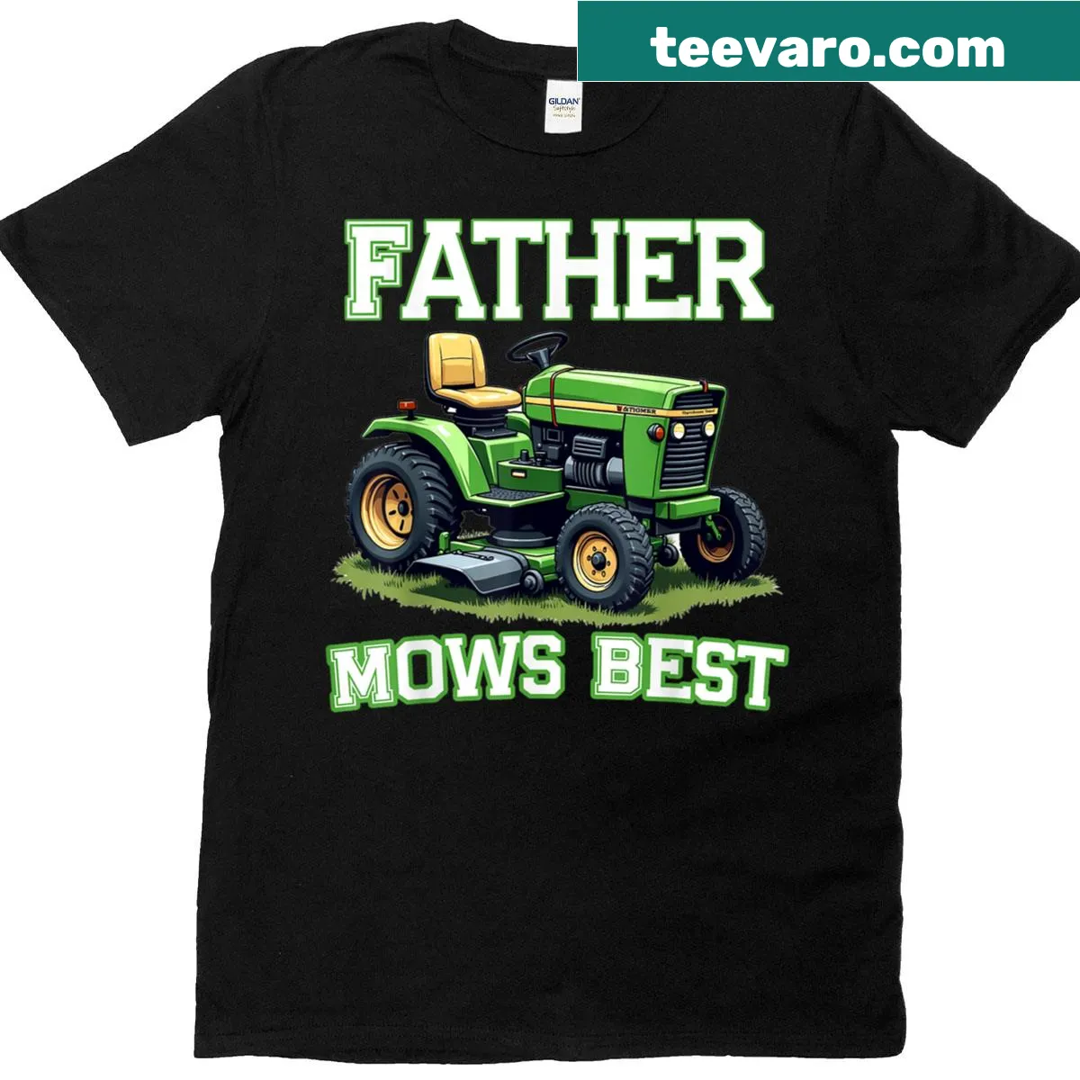 Funny Father Mows Best T-shirt with lawn mowing tractor graphic — on a men's t-shirt