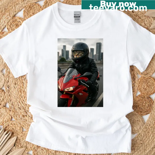 Cute illustration of a cat riding a bicycle on a t-shirt