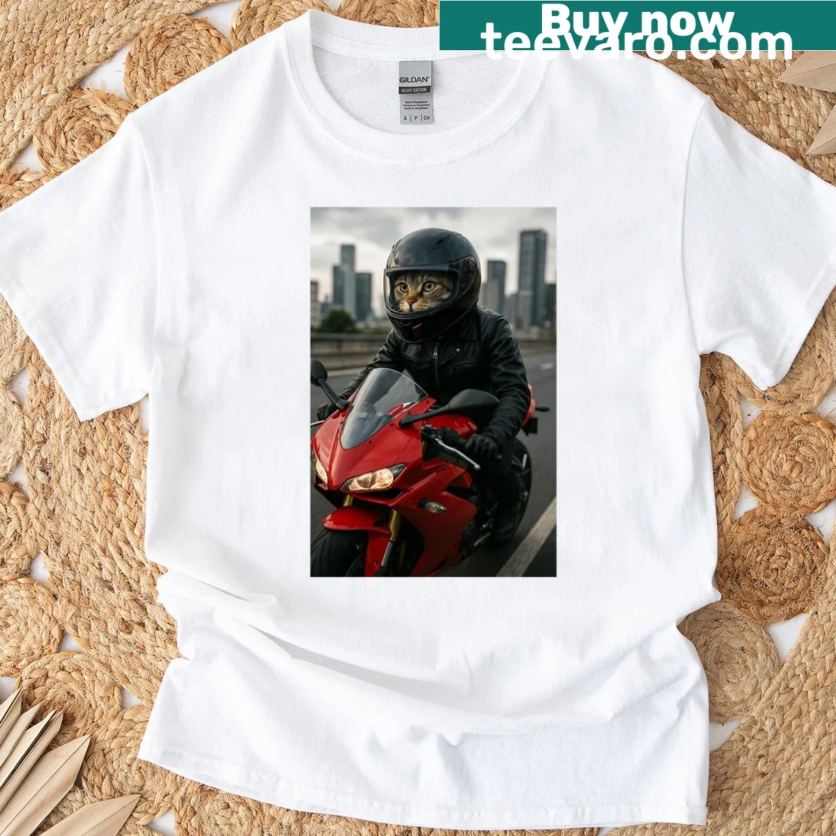 Cute illustration of a cat riding a bicycle on a t-shirt — on a men's t-shirt