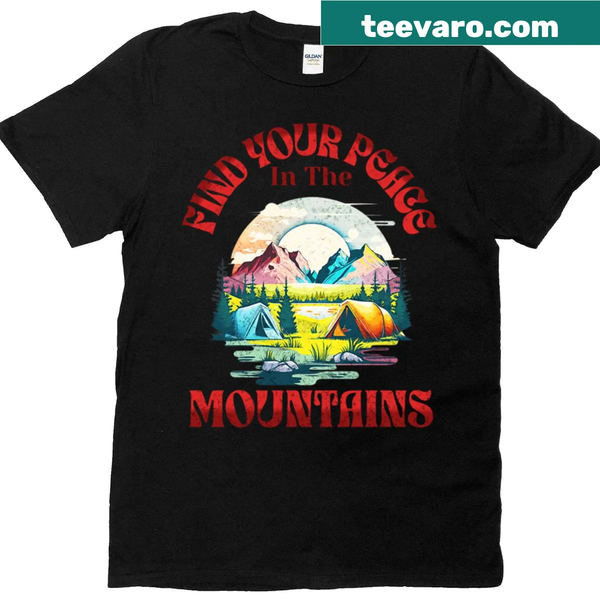 Illustrated camping scene in the mountains on a T-shirt — on a men's t-shirt