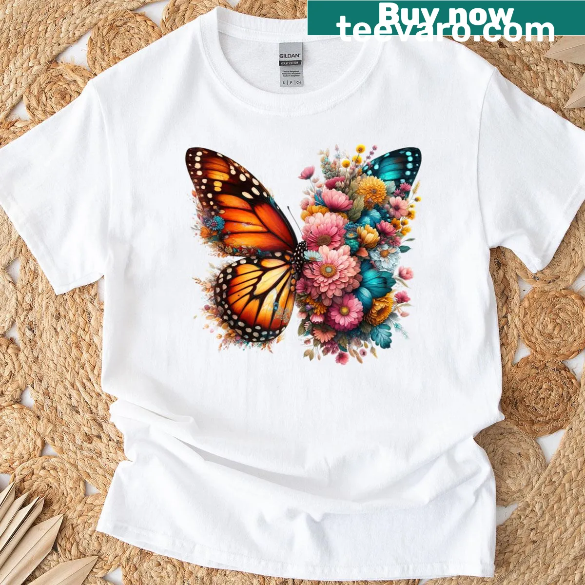 Floral design with butterflies on a women's t-shirt — on a men's t-shirt