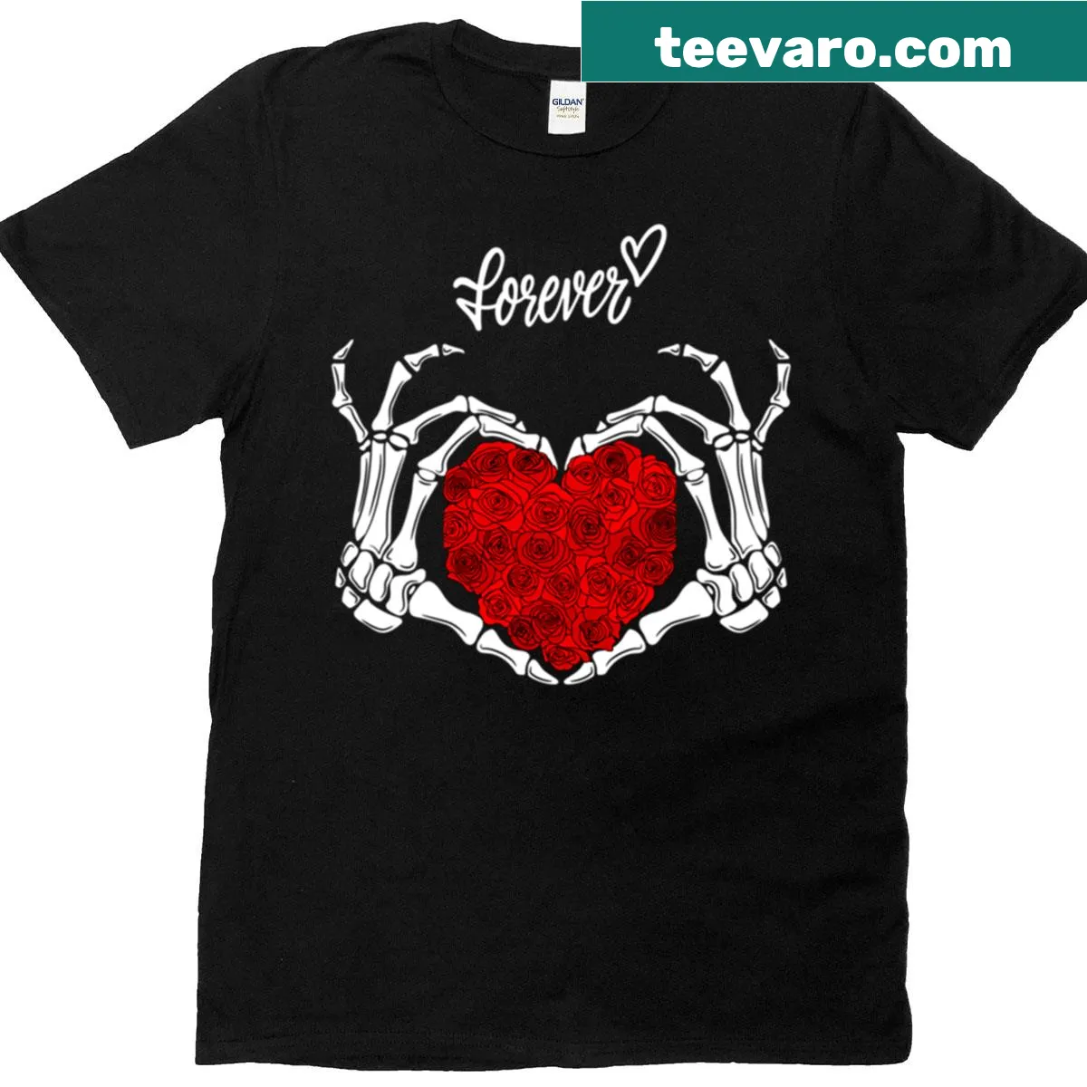 Skeleton hands holding a rose heart in a gothic art style — on a men's t-shirt