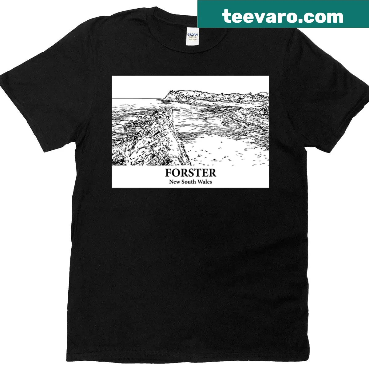 Minimalist typography t-shirt featuring 'Forster, New South Wales'. — on a men's t-shirt