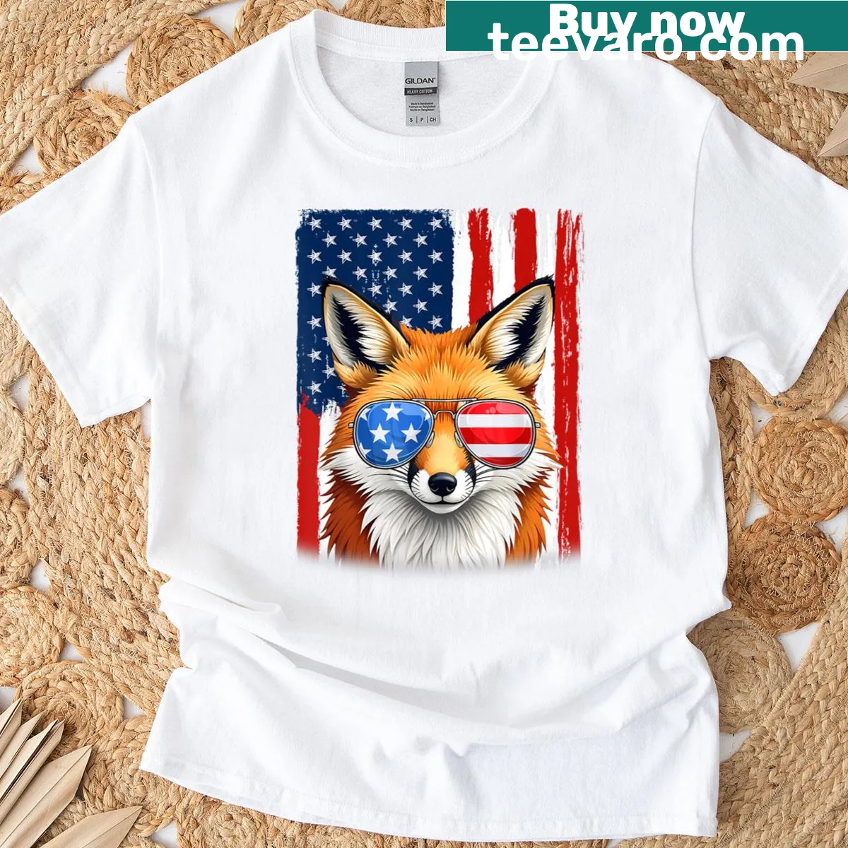 Patriotic T-shirt featuring a fox and the American flag — on a men's t-shirt